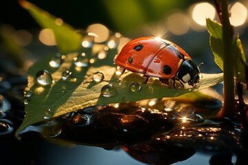 Close-up image of a ladybug on dewy leaf glistening beautifully in the early morning sunlight - obrazy, fototapety, plakaty