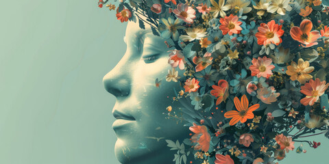 Blooming face with calm emotions, perfect beauty, a feeling of serenity, on a gree background with free space to create