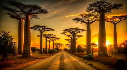 Deurstickers Sun-drenched road winds through a majestic avenue of baobabs at the sunset. Ideal for travel posters, travel advertising, and evoking a sense of adventure and exploration. © Olga