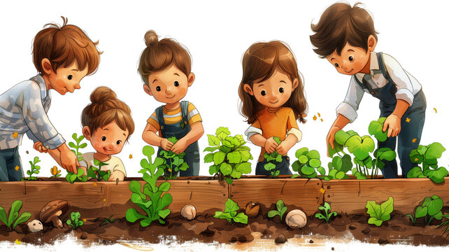 children gardening in a raised bed, learning horticulture in a side view PNG, in a farming-themed, isolated, and transparent cartoon illustration.  Generative ai