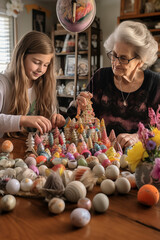 Easter family traditions. Loving young grandmother early teaching her happy granddaughter to dye and decorate eggs with paints for Easter holiday as they sit together at the kitchen table.