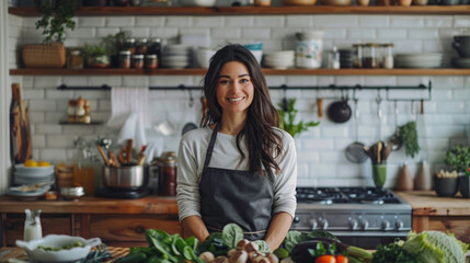 A nutritionist hosts a cooking show in a cozy kitchen, focusing on heart-healthy niacin-rich recipes, using salmon, greens, nuts, and seeds for daily meals. - obrazy, fototapety, plakaty