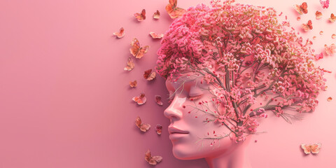 season 3d painting with silhouette face pink art. Tree and flowers, background with free space for place - obrazy, fototapety, plakaty