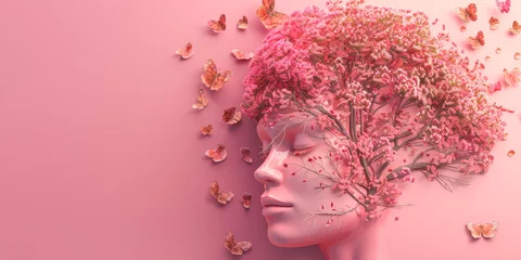 Tuinposter season 3d painting with silhouette face pink art. Tree and flowers, background with free space for place © WettE