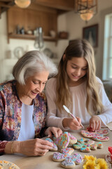 Easter family traditions. Loving young grandmother early teaching her happy granddaughter to dye and decorate cookies for Easter holidays as they sit together at the kitchen table.