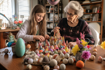 Easter family traditions. Loving young grandmother early teaching her happy granddaughter to dye and decorate eggs with paints for Easter holiday as they sit together at the kitchen table.