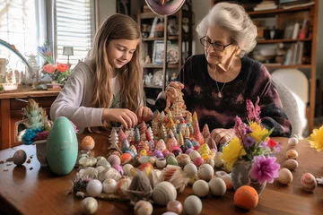 Fotobehang Easter family traditions. Loving young grandmother early teaching her happy granddaughter to dye and decorate eggs with paints for Easter holiday as they sit together at the kitchen table. © simona