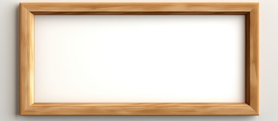 A brown hardwood rectangle picture frame is hanging on a beige wall. The wood stain and varnish enhance the tints and shades of the plywood frame