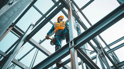 A man in workwear with a red jumpsuit, helmet, and engineering tools stands on a ladder in a building amidst the city's steel and metal structures. AIG41 - obrazy, fototapety, plakaty