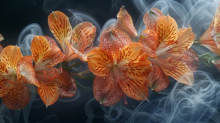 a group of orange flowers sitting on top of a blue and white smoke filled wall next to a black background.