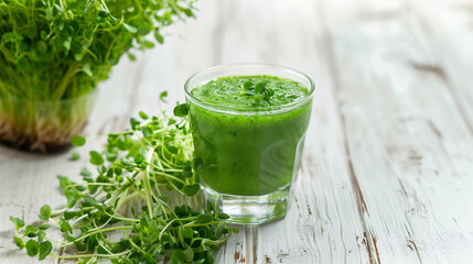 Sprouted microgreens smoothie on a white wooden table. Diet. Proper nutrition. Vegetarianism. Purification of the organism. 