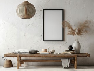 Scandinavian Living Room: Empty Poster Frame on White Wall Above Wooden Bench with Books and Rattan Pendant Lamp