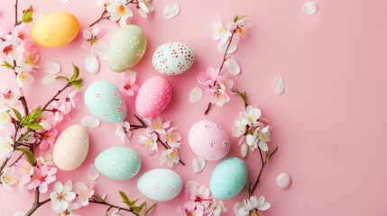 Fototapeta na wymiar Happy Easter! Stylish easter eggs and flowers flat lay on pink background. Modern natural dyed colorful eggs and cherry blossom border. Greeting card template, easter background. Space for text