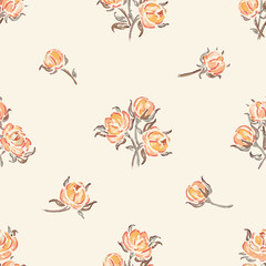 Vintage Yellow Roses. Painting Rose Flower Seamless Vector Pattern. Flowers and Leaves. Floral Background