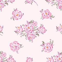 Painting Pink Roses Floral Seamless Pattern. Rose Flower Bouquets Vector Background. Vintage Flowers and Leaves