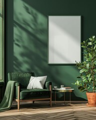 Modern Living Room Interior with Blank Poster Frame on Green Wall and Armchair