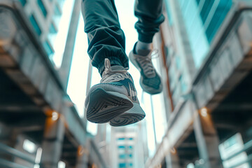 a freerunner's feet propelling them over obstacles and through urban environments with speed and fluidity - obrazy, fototapety, plakaty