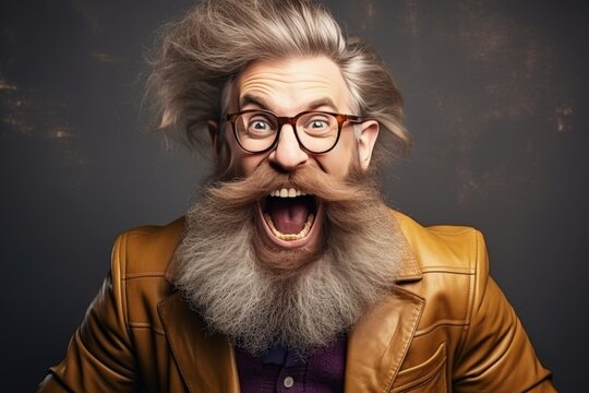 Overjoyed bearded man celebrating success, raising fists and shouting yeah in victory