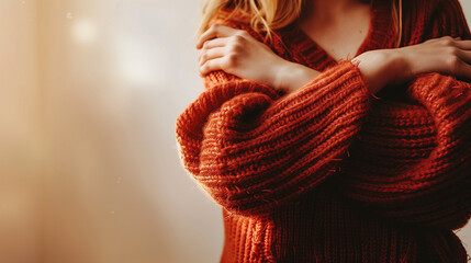 A woman in a red sweater with her arms crossed
