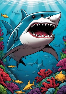 Shark in the ocean comic style