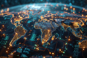 Brightly lit global map on circuit board showcasing connectivity