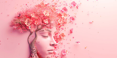 portrait of a woman with 3d face with tree and flower pink painting with free space for place