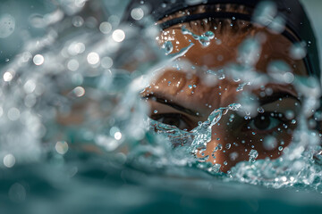 a swimmer's face breaking the surface of the water during a race