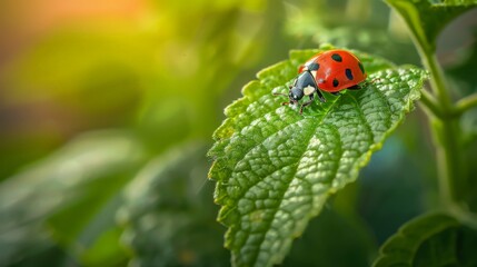 macro photo of a lady bug at end of a plants lea 