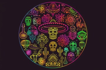 A vibrant illustration of Mexican culture symbols, arranged in an intricate circular pattern outlined with colorful gradient lines on a black background Generative AI