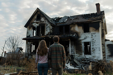 Backview of couple looking at their burnt out house, aftermath of fire disaster
