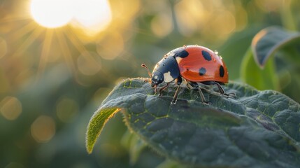 macro photo of a lady bug at end of a plants leaf, Bright sunny day 