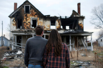Obraz premium Backview of couple looking at their burnt out house, aftermath of fire disaster