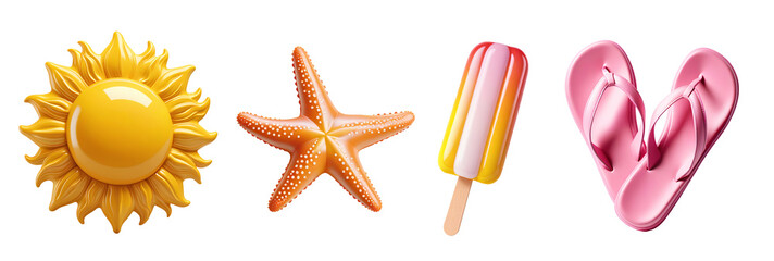 Set of 3d summer beach vacation icons on transparent background