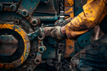 a construction worker's hands operating heavy machinery and power tools on a building site, showcasing the strength and skill in construction work