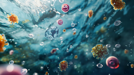 Grafika przedstawiająca niewielkie organizmy unoszące się w błękitnej toni