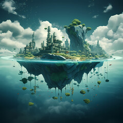 Surreal underwater scene with floating islands. - obrazy, fototapety, plakaty