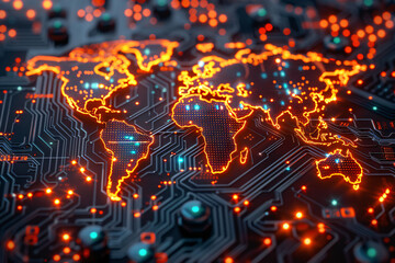 Obraz premium Red world map on dark electronic circuit board