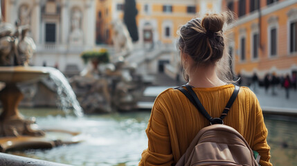 Rear view of woman wearing a yellow sweater and a backpack is standing in front of Fontana di Trevi  - obrazy, fototapety, plakaty