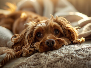 Cucciolo di cane sul divano. Tenerezza, compagnia, amore. - obrazy, fototapety, plakaty