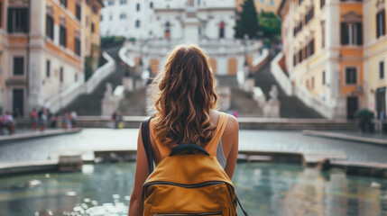 Rear view of woman wearing a yellow sweater and a backpack is standing in front of Fontana di Trevi  - obrazy, fototapety, plakaty
