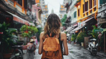 Rear view of woman with a yellow backpack is walking down on the street of Thai