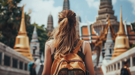 Rear view of  woman with a yellow backpack is walking down on the temple of Thai - obrazy, fototapety, plakaty