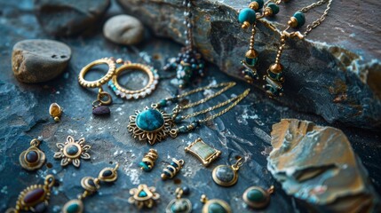 Fototapeta premium Artisanal handmade jewelry on a natural stone background 