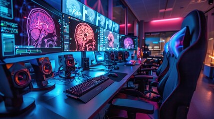 A high-tech brain imaging lab, where researchers are monitoring and analyzing brain activity patterns of gamers versus non-gamers, focusing on areas related to attention and focus.