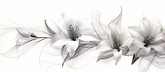 A monochrome photography capturing three delicate white flowers against a white background,...