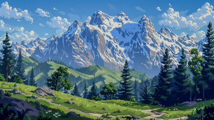 Pixel Art Style Majestic Mountain Landscape 2.5d pixel art game