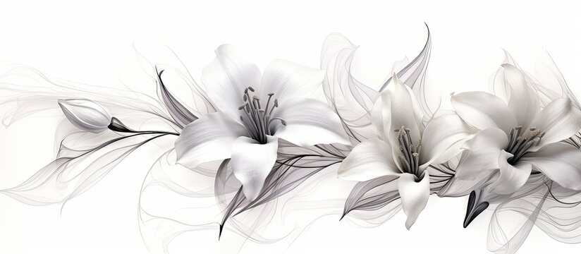 A monochrome photography capturing three delicate white flowers against a white background, resembling a beautiful piece of art or painting