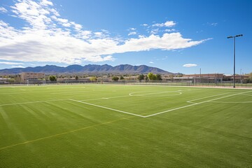 Professional soccer field with synthetic turf, vibrant green grass, and soccer goal net shadow