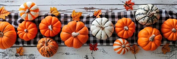 Festive Pumpkin Border Over Rustic Background. Halloween Flair with Black and White Gingham Pattern