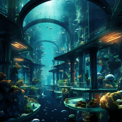 Underwater city with transparent tunnels.
